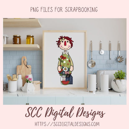 Annie Clipart Digital Download Primitive Doll Clip Art for Stickers for Women and Kids, Prim Sheep Flowers PNGs for T-Shirts or Mugs for Mom
