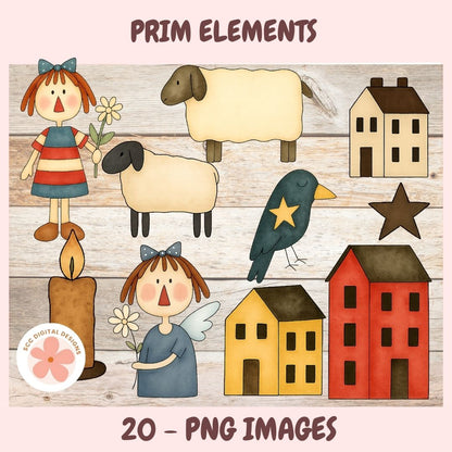 Set of illustrated characters and objects on a wooden background with 'Prim Elements' text.