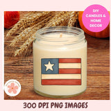 Candle in a jar with a star design on a wooden surface with wheat and pumpkins.