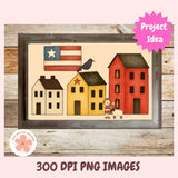Illustration of houses and a flag on a wooden background with 'Project Idea' text.