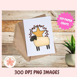 Card with sheep illustration on a wooden surface with 'DIY Paper Crafts' text.