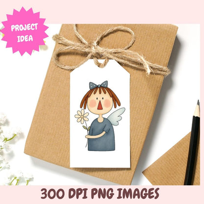 Gift tag with cartoon character holding a flower, tied onto brown paper with twine, on a white background.