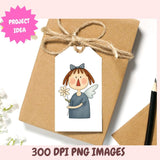 Gift tag with cartoon character holding a flower, tied onto brown paper with twine, on a white background.