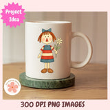 Mug with a cartoon character holding a flower on a wooden surface