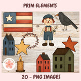 Set of digital clipart elements including a flag, boy with a flower, bird, houses, and stars on a wooden background.