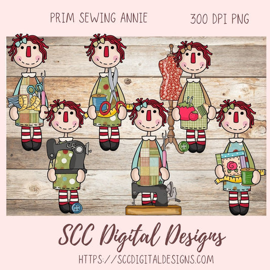 Annie Clipart, Vintage Sewing Machine PNG, Pin Cushion, Seam Ripper Digital Download Primitive Doll Clip Art for T-Shirts for Women and Kids
