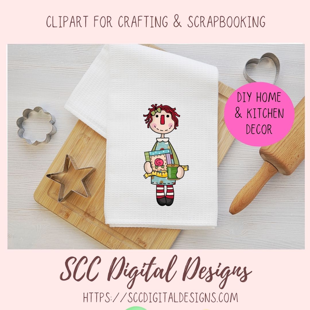 Annie Clipart, Vintage Sewing Machine PNG, Pin Cushion, Seam Ripper Digital Download Primitive Doll Clip Art for T-Shirts for Women and Kids