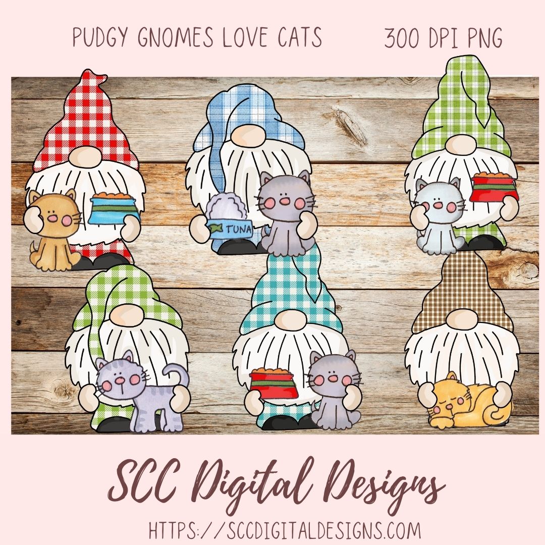 Cat Lover Gnome Clipart 6 designs in 300 dpi png format