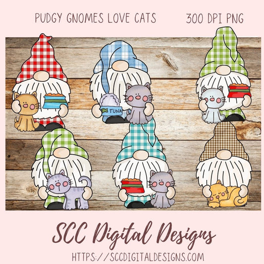 Cat Lover Gnome Clipart 6 designs in 300 dpi png format