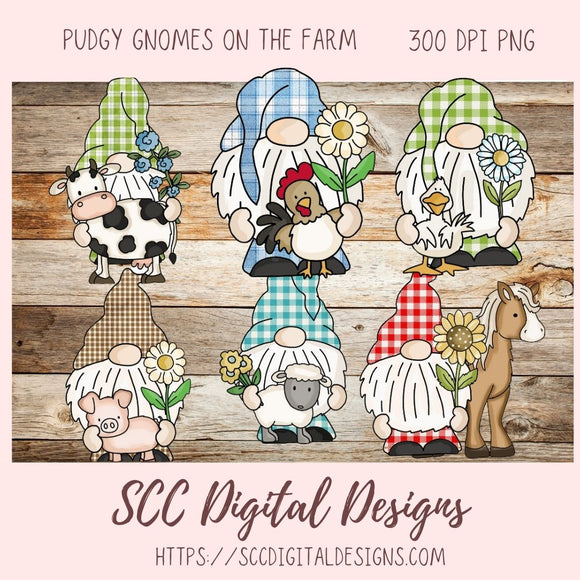 Farm Animals Gnome Clipart, Horse Sheep Chicken Duck Cow PNGs for Kids Stickers or TShirts, Whimsical Animal Lover Farmhouse Home Decor