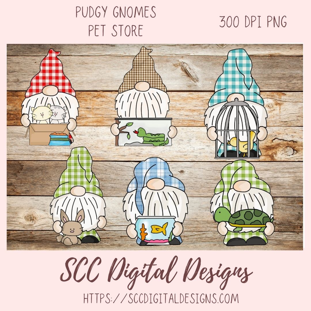 Adorable Pet Store Clipart Set, Pudgy Gnomes Bird Cage Turtle Kittens Fish PNG, DIY T-Shirts for Kids, Clip Art for Sublimation for Stickers
