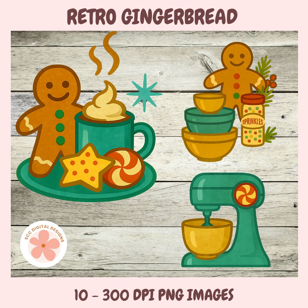 Retro gingerbread clipart bundle featuring gingerbread people, a mug of hot cocoa with whipped cream, cookies, a jar of sprinkles, a stand mixer, and bowls on a rustic wood plank background. Text at top reads 'RETRO GINGERBREAD' and text at bottom reads '10 - 300 DPI PNG IMAGES'.