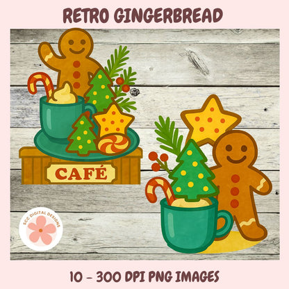 Retro gingerbread themed digital clipart set featuring two illustrated scenes: one with a mug, candy cane, decorated trees, and gingerbread figures on a wooden plank background, and one with a gingerbread man, star, tree, and candy cane. Text at top reads 'RETRO GINGERBREAD' and bottom reads '10 - 300 DPI PNG IMAGES'.