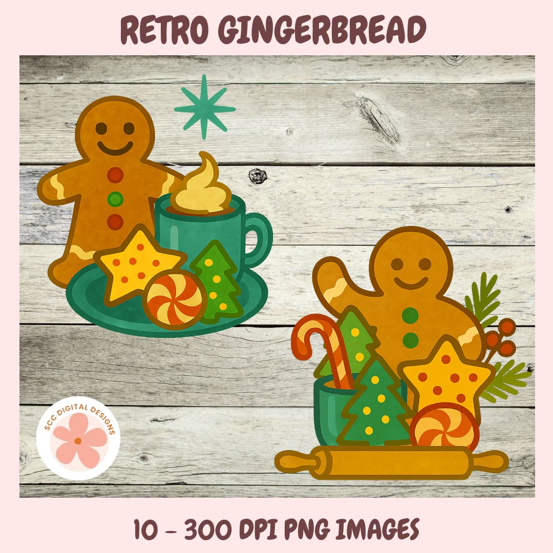 Retro gingerbread clipart bundle preview with two illustrated gingerbread figures and holiday accessories on a weathered wood background. Text at the top reads 'RETRO GINGERBREAD' and text at the bottom reads '10 - 300 DPI PNG IMAGES'.
