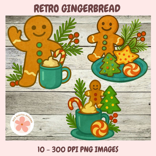 Retro gingerbread clipart set featuring illustrated gingerbread figures, holiday trees, candy canes, mugs with whipped cream, and pastries on a rustic wood plank background. Text at the top reads 'RETRO GINGERBREAD' and text at the bottom reads '10 - 300 DPI PNG IMAGES'.