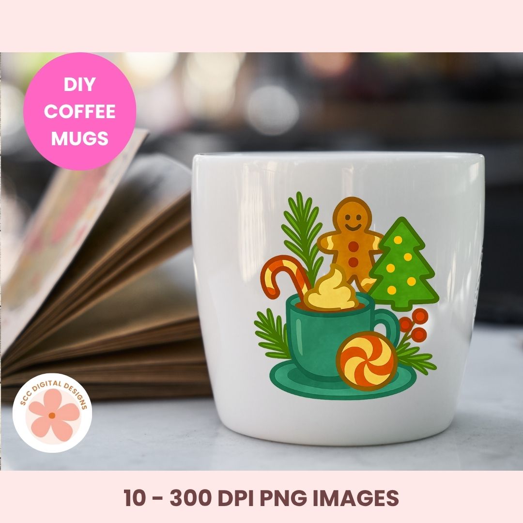 A white ceramic coffee mug with a colorful Christmas-themed graphic print, shown on a light surface with a blurred book in the background. Pink text banners read 'DIY COFFEE MUGS' and '10 - 300 DPI PNG IMAGES'.