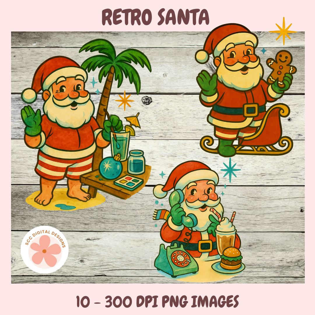Retro Santa Clipart Bundle,  Mid-Century Christmas Clip Art, Vintage Christmas PNG, Kitschy Christmas Santa, Retro Holiday Graphics