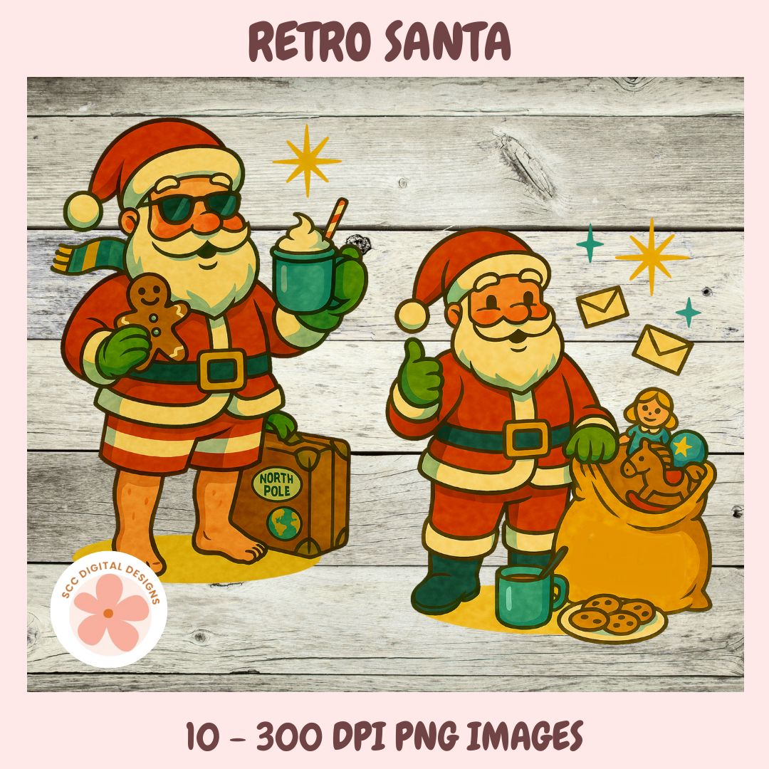 Retro Santa Clipart Bundle,  Mid-Century Christmas Clip Art, Vintage Christmas PNG, Kitschy Christmas Santa, Retro Holiday Graphics