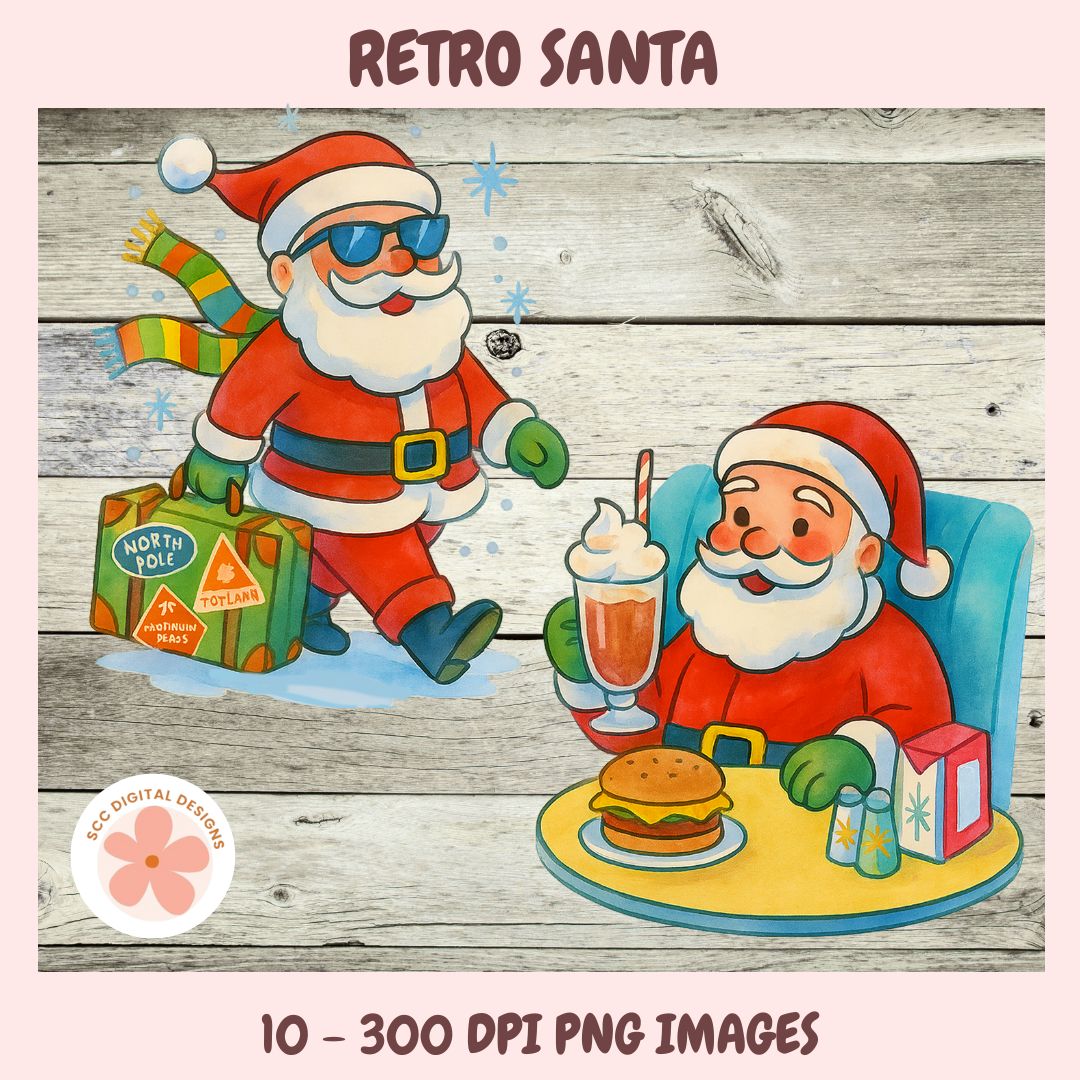 Retro Santa Clipart Bundle,  Mid-Century Christmas Clip Art, Vintage Christmas PNG, Kitschy Christmas Santa, Retro Holiday Graphics