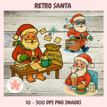 Retro Santa Clipart Bundle,  Mid-Century Christmas Clip Art, Vintage Christmas PNG, Kitschy Christmas Santa, Retro Holiday Graphics