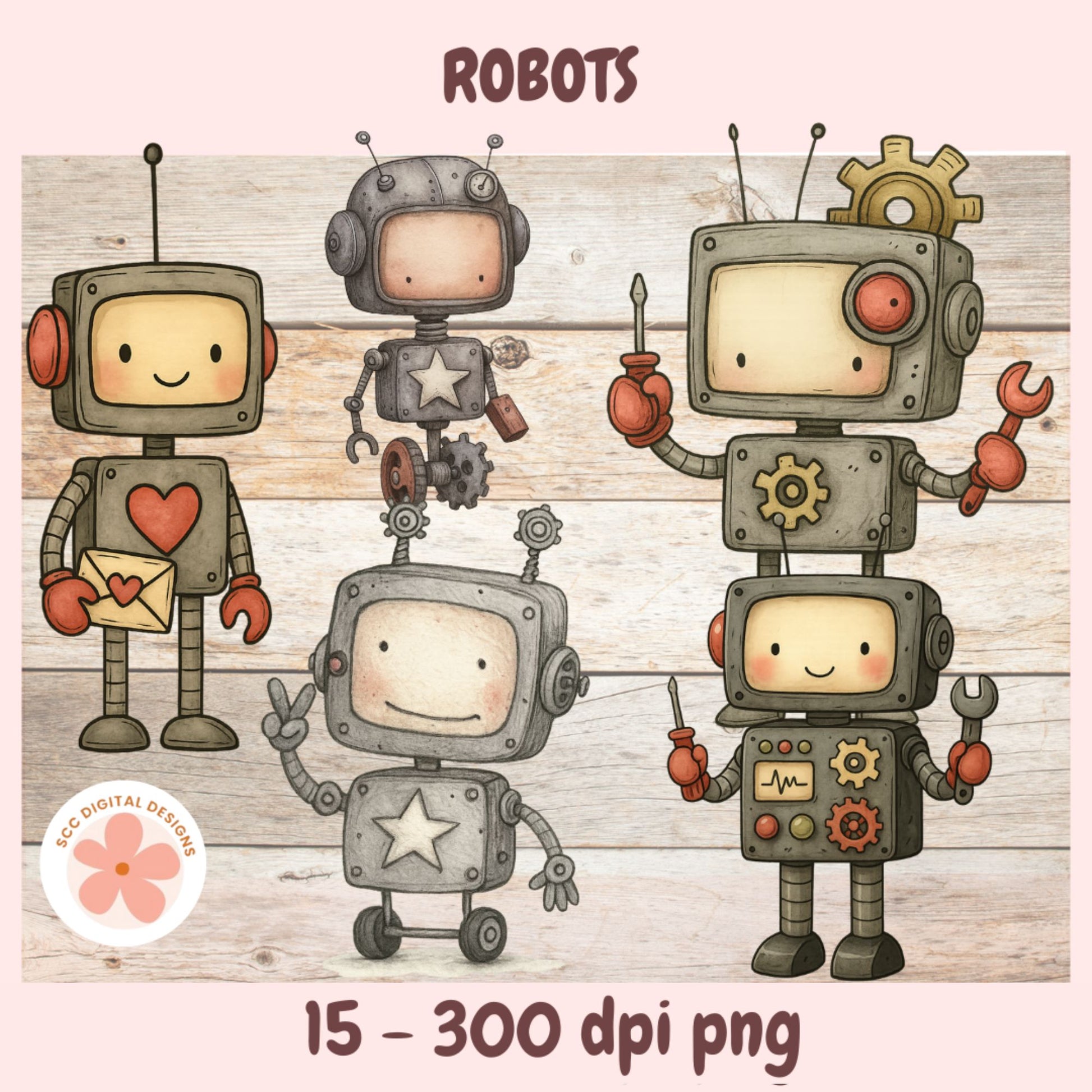Illustration of four robots with different poses and expressions on a wooden background.