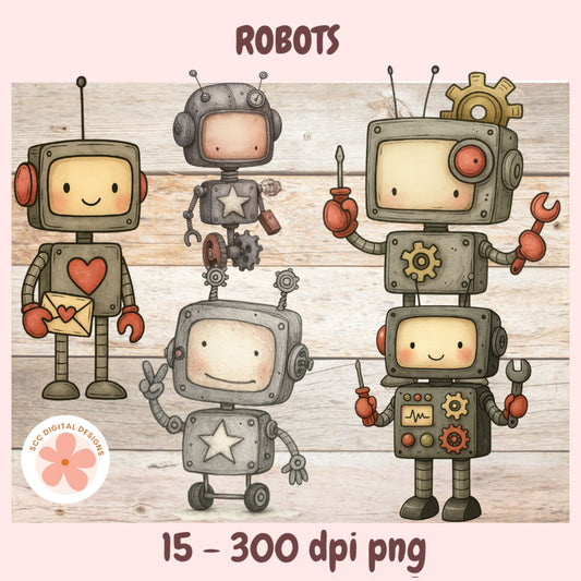 Illustration of four robots with different poses and expressions on a wooden background.