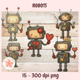 Illustration of robots holding hearts on a wooden background with 'Robots' text above.