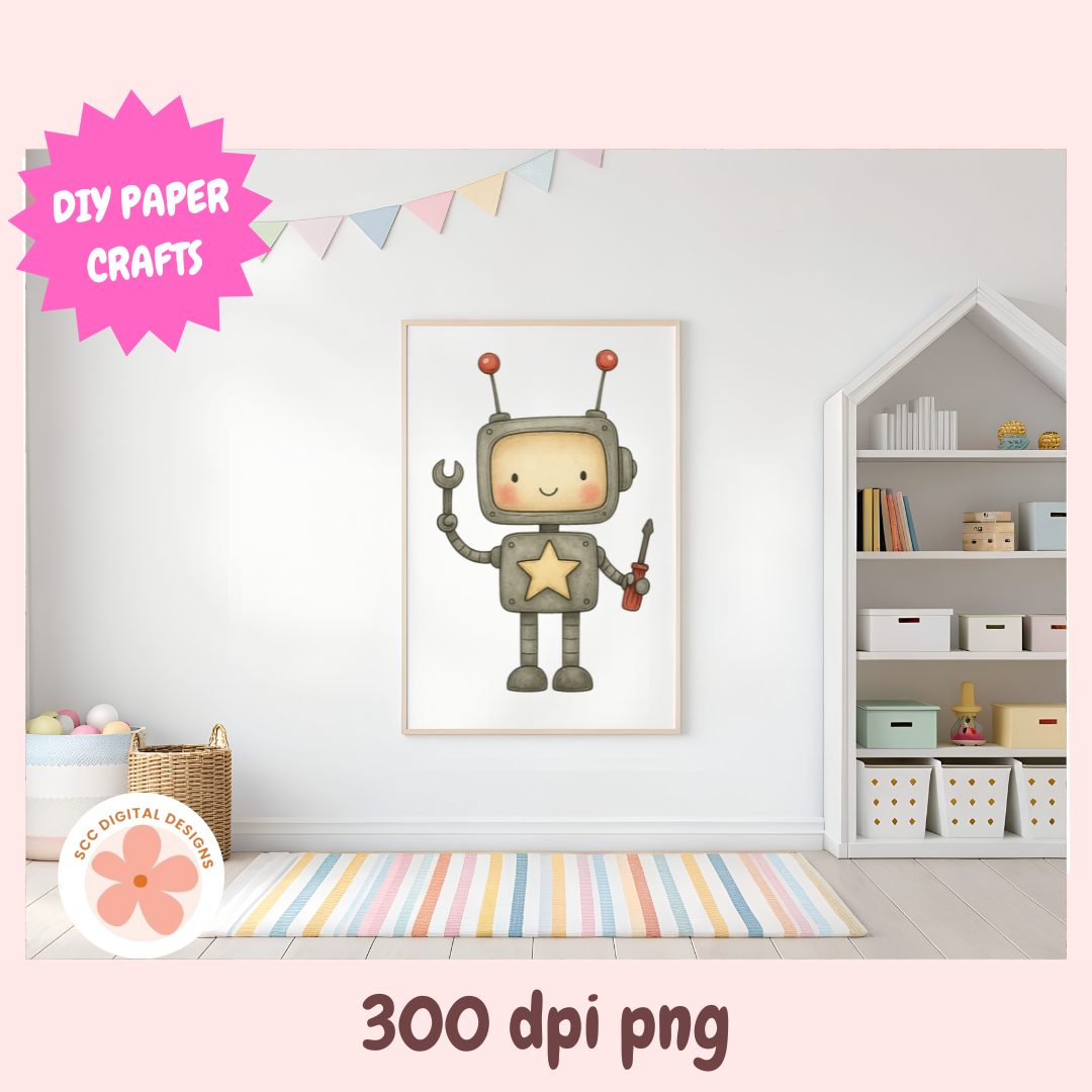 Framed robot illustration in a child's room with DIY paper crafts label.