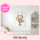 Framed robot illustration in a child's room with DIY paper crafts label.
