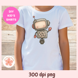 White t-shirt with a robot design on a wooden background, labeled 'DIY Kids' Shirts'.