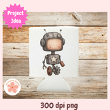Cartoon robot design on a white card with 'Project Idea' label and '300 dpi png' text.