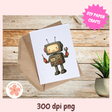 Card with a robot illustration on a wooden surface with a plant and envelope.