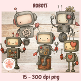 Illustration of five robot characters with a wooden background
