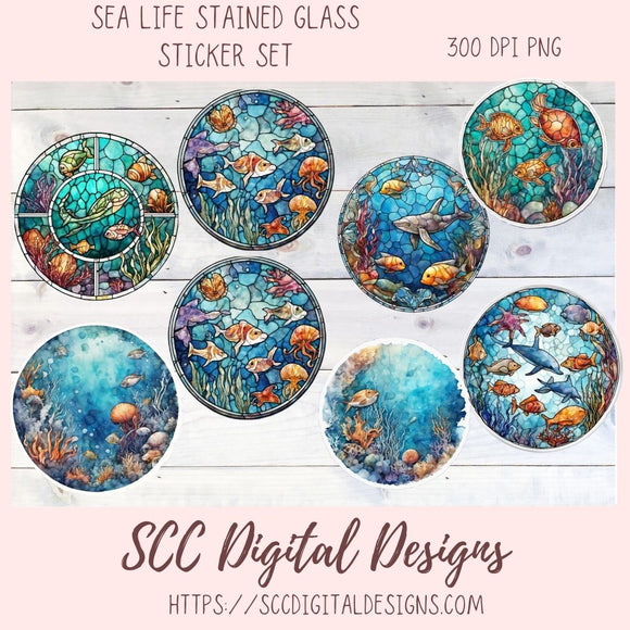 Stained Glass PNG Sticker Pack for Digital and Printable Planners, Journals, Notebooks & Digital Scrapbooking, Sea Life Car Decals, Instant Download Pre-Cropped Goodnotes Compatible PNG Images