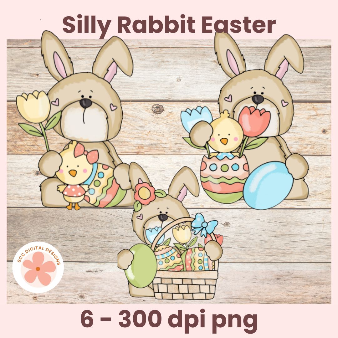 Three cartoon bunnies with Easter items on a wooden background, featuring the text 'Silly Rabbit Easter'.