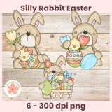 Three cartoon bunnies with Easter items on a wooden background, featuring the text 'Silly Rabbit Easter'.