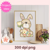 Framed illustration of a bunny holding a tulip on a kitchen counter with utensils and decor.