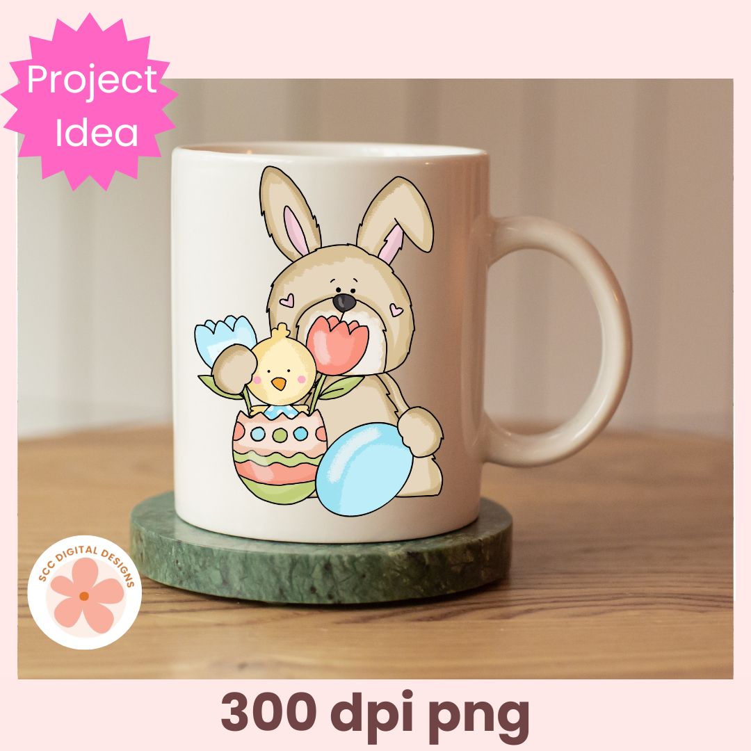 Mug with a cartoon bunny and chick design on a wooden surface