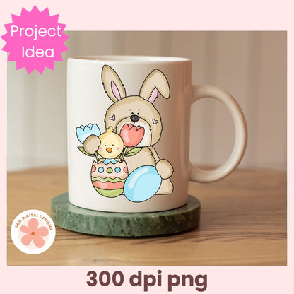 Mug with a cartoon bunny and chick design on a wooden surface