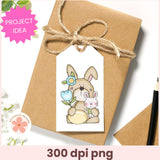 Gift box with a decorative tag featuring a rabbit illustration on a white background.