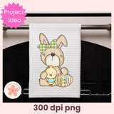 Towel with a bunny and chick design hanging on an oven rack, labeled 'Project Idea' and '300 dpi png'.