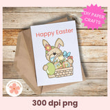 Happy Easter card with a bunny and basket on a wooden surface, featuring 'DIY Paper Crafts' text.