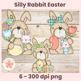Silly rabbit Easter design with bunnies and chicks on a wooden background, featuring the brand 'SCC Digital Designs'.