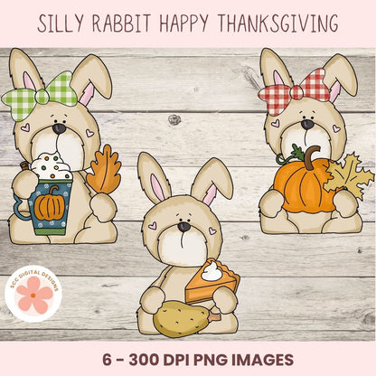 Digital clipart set featuring four cartoon bunnies in autumn Thanksgiving themes on a light wood background. The bunnies wear green and red bows and hold a mug with a pumpkin, a pumpkin, a slice of pumpkin pie, and a potato.