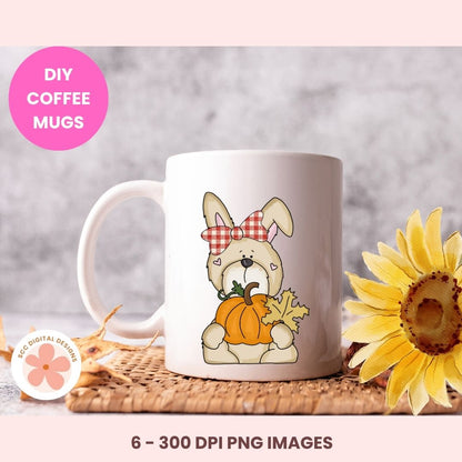 A white ceramic coffee mug with a cartoon Easter bunny holding a pumpkin, styled on a woven mat with a sunflower and a pink 'DIY COFFEE MUGS' badge.