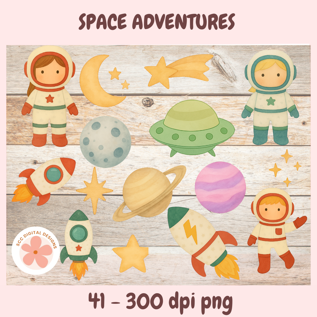Illustrations of space-themed items including astronauts, rockets, and planets on a wooden background with 'Space Adventures' text.