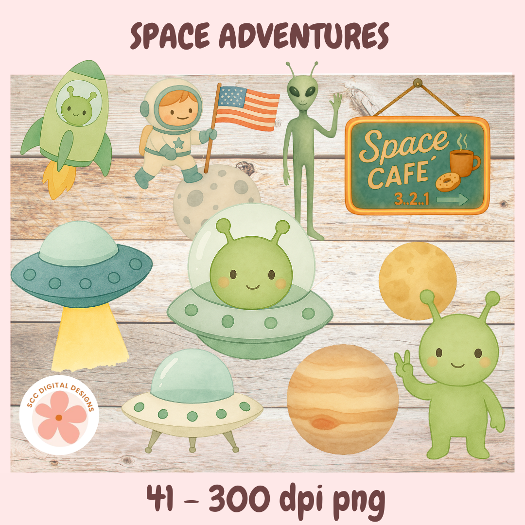 Illustrations of space-themed characters and objects with 'Space Adventures' text on a wooden background.