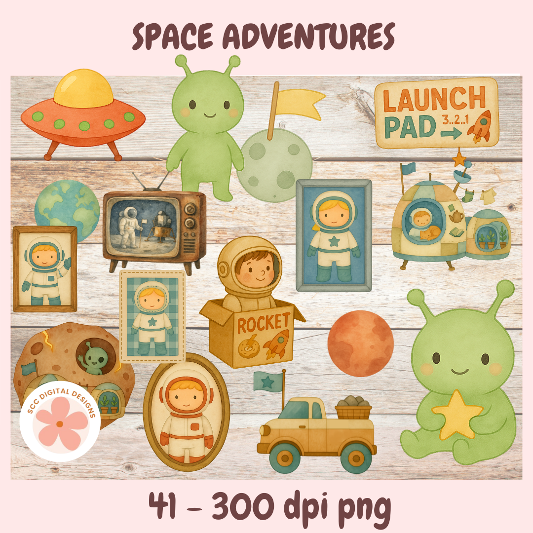 Space-themed digital clipart set with astronauts, aliens, and space-themed objects on a wooden background.