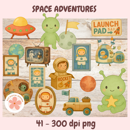 Space-themed digital clipart set with astronauts, aliens, and space-themed objects on a wooden background.