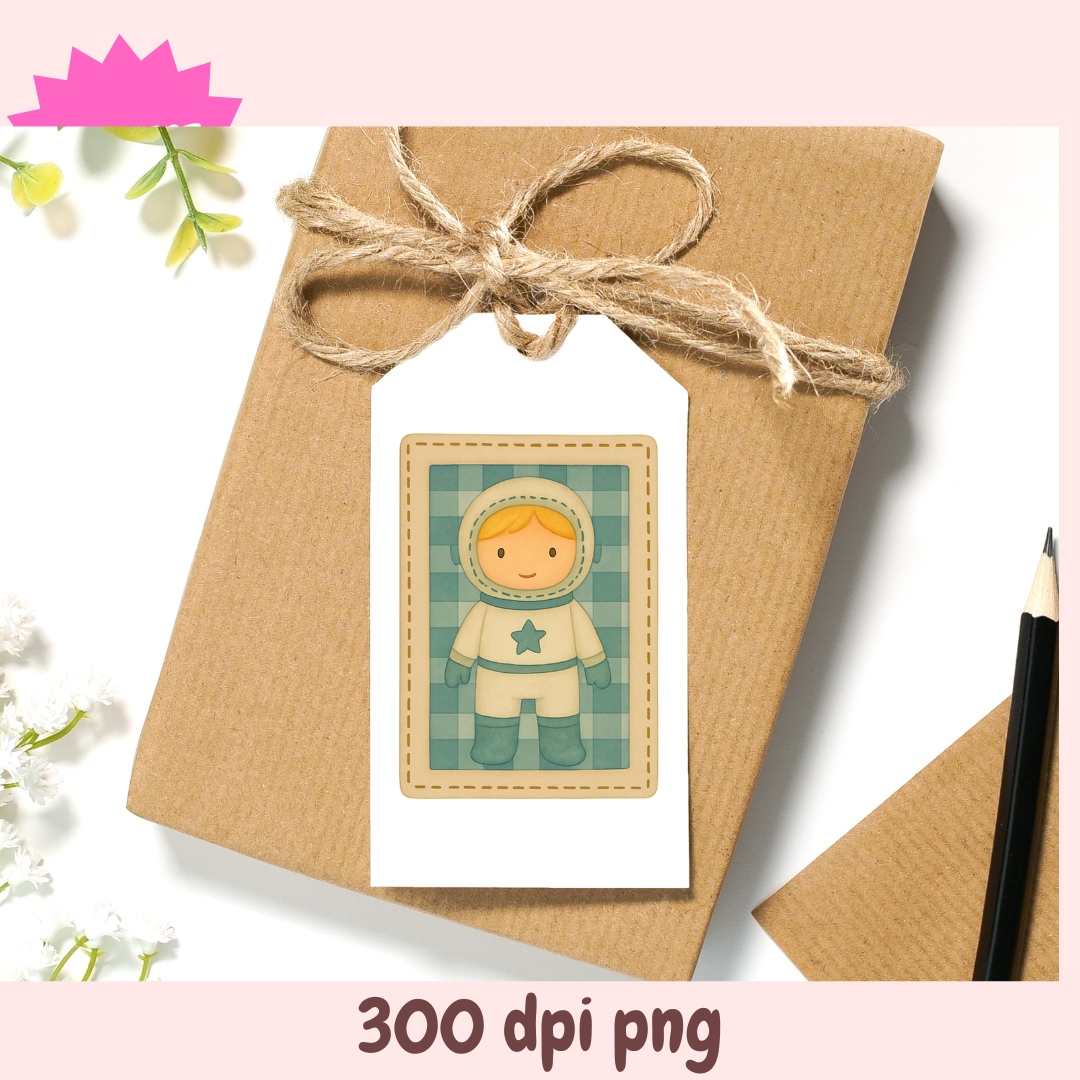Gift card with cartoon character on a brown paper bag with twine, surrounded by flowers and a pencil.
